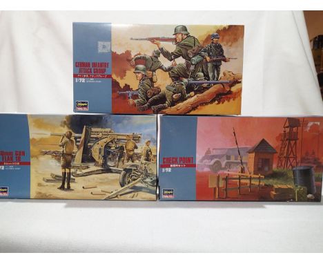 Three Hasegawa 1/72 scale military kits, all as new/sealed, storage wear to boxes. UK P&amp;P Group 1 (£16+VAT for the first 