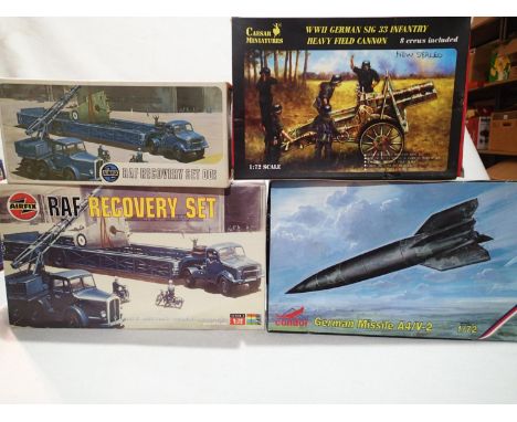 Four 1/72 scale military kits, Condor German missile, Caesar heavy field cannon and eight figures, and two Airfix RAF recover