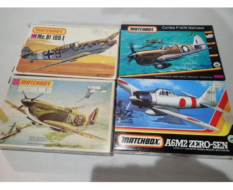 Four Matchbox 1/72 scale aircraft kits, Zero Sen, BF109, Warhawk, and Spitfire, appear complete, unchecked, wear to boxes. UK