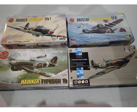 Four 1/72 scale Airfix aircraft kits, Hurricane, Beaufighter, Typhoon, and Spitfire, all appear new, unchecked. UK P&amp;P Gr