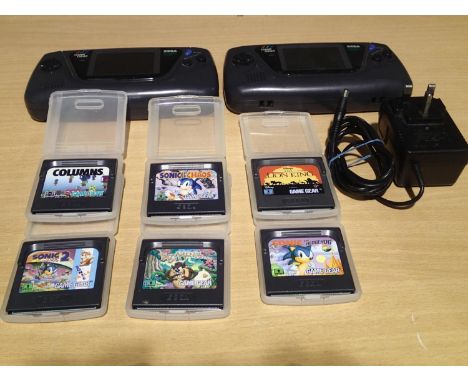 5050, Two Sega Game Gear consoles, one rattling, one powers on but no screen. Includes PSU and 7 games. UK P&amp;P Group 2 (£