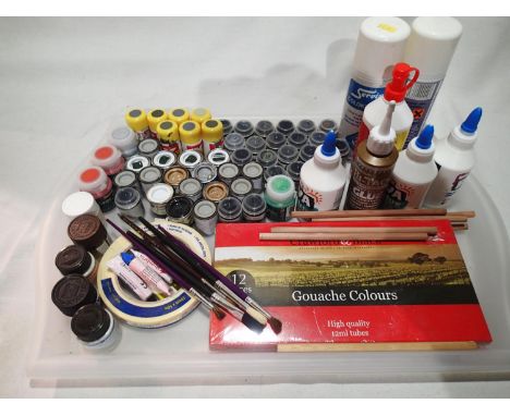 Selection of approximately 50+ tinlets/jars of Humbrol, Airfix etc enamel and acrylic paints, plus glues, brushes, masking ta