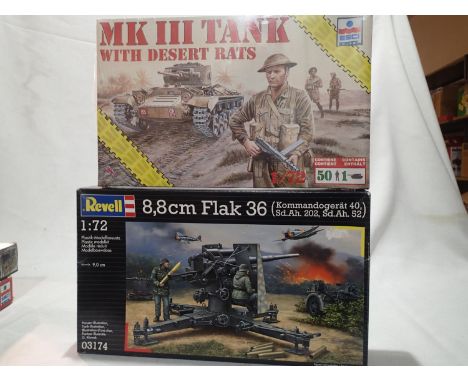 Two 1/72 scale military kits, ESCI MKIII tank with fifty desert rats figures, and Revell 8.8 Flak 36, both as new, wear to bo