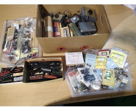 Selection of model railway related items, controllers, transformer, scenics, people vehicles, wagon kits, switches, plugs, ra