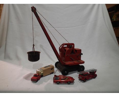 Tinplate Jones KL 44 crane, working with bucket, plus three diecast vehicles including Dinky Spectrum petrol car. UK P&amp;P 