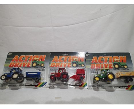 Britains Action Drive 3 corded diecast models by Britains, appearing in excellent condition on VG card, boxes with wear. UK P