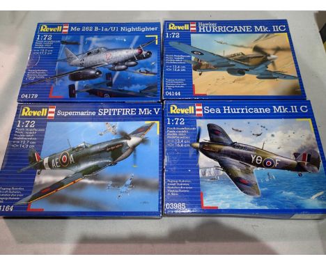 Four 1/72 Revell aircraft kits, Hurricane, ME262, Sea Hurricane, and Spitfire, all appear factory sealed. UK P&amp;P Group 1 