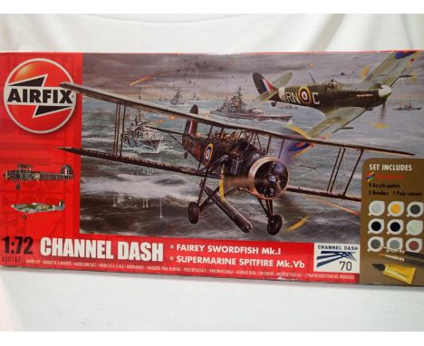 Airfix 1/72 scale Channel Dash two aircraft set, Fairey Swordfish MK I and Spitfire MK VB, also paint and glue, new and seale