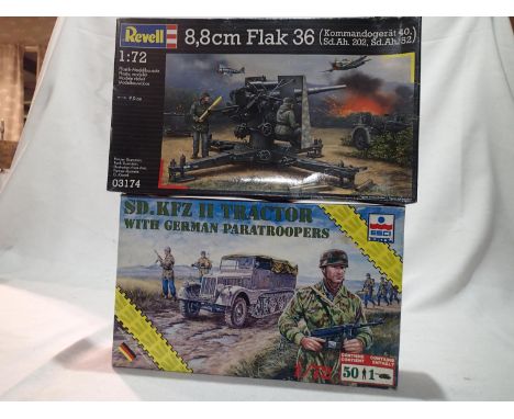 Two 1/72 scale military kits, Revell 8.8 Flak 36, and SCI KFZ tractor with fifty figures (German paras), both as new, wear to