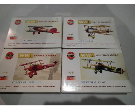 Four Airfix 1/72 scale WWI aircraft kits, Focker Triplane, Sopwith Camel, Albatros, and Sopwith Pup, all sealed, as new, stor