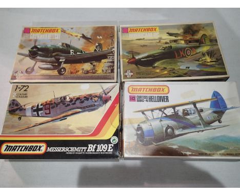 Four Matchbox 1/72 scale aircraft kits, BF109, Helldiver, Hellcat, and Hurricane, appear complete, unchecked, wear to boxes. 