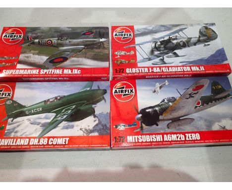 Four 1/72 scale Airfix aircraft kits, Comet, Zero, Gladiator, and Spitfire, all appear factory sealed. UK P&amp;P Group 1 (£1