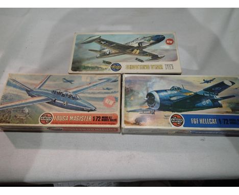 Three 1/72 scale Airfix aircraft kits, Magister, Hellcat, and Shooting Star, appear complete, unchecked, boxes in fair condit