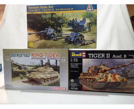 Three 1/72 scale military kits, Revell, Italeria and Dragon, all as new/sealed, storage wear to boxes. UK P&amp;P Group 1 (£1