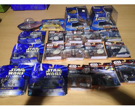 nineteen Star Wars Micro Machines spaceships and figures, mostly near mint, boxes in fair condition with wear. UK P&amp;P Gro