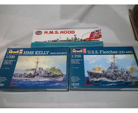 Three ship kits, 1/1200 scale Airfix HMS Hood, Revell 1/700 scale HMS Kelly and USS Fletcher, appear complete, unchecked, sto