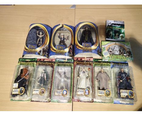 Nine Lord of The Rings figures, all near mint, wear to boxes, plus Trivial Pursuit game and Minimates figure set. UK P&amp;P 