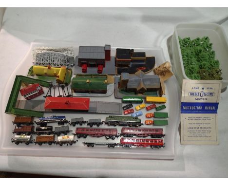 Lone Star Treble Olectric diesel, three coaches, eleven wagons, station, footbridge, signal box, instruction book etc, plus G