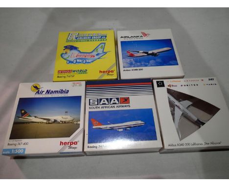 Five Herpa 1/500 scale airliners, various types and liveries, mostly excellent condition and boxed. UK P&amp;P Group 1 (£16+V