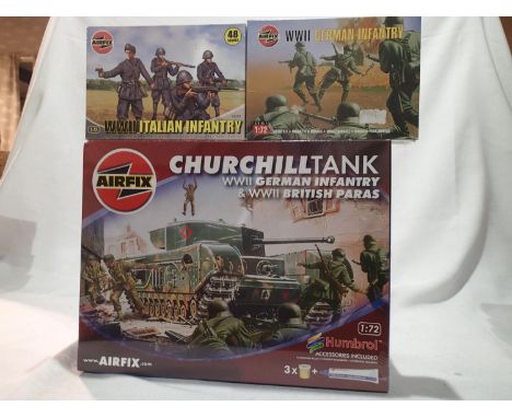 Airfix 1/72 scale Churchill tank with German infantry and British paras, plus German infantry and Italian infantry figure set