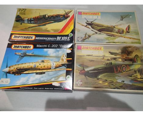 Four Matchbox 1/72 scale aircraft kits, Hurricane, Spitfire, Macchi, and BF109, appear complete, unchecked, wear to boxes. UK