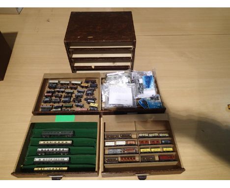 N gauge, selection of British outline rolling stock, thirty plus wagons, five coaches, twenty wagons with highfield overlays,