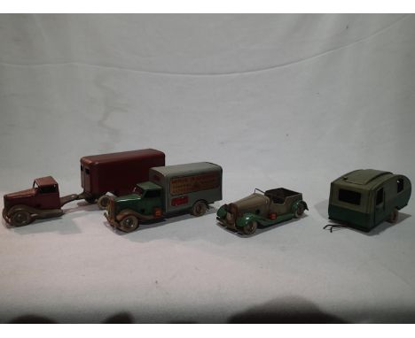 Triang Minic clockwork vehicles, learner car, Minic transport van, and caravan, all good condition, plus Artic, requires atte