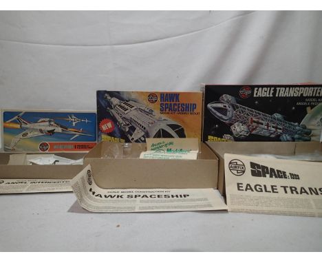Airfix Captain scarlet, Space 1999. Three boxed kits: 02026-8 Series 2 Interceptor, 05173-2 Series 5 Hawk Spaceship, 06174-8 