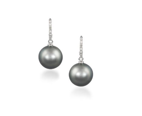 A PAIR OF CULTURED PEARL AND DIAMOND PENDENT EARRINGSEach round-shaped cultured pearl of grey tint, measuring approximately 1