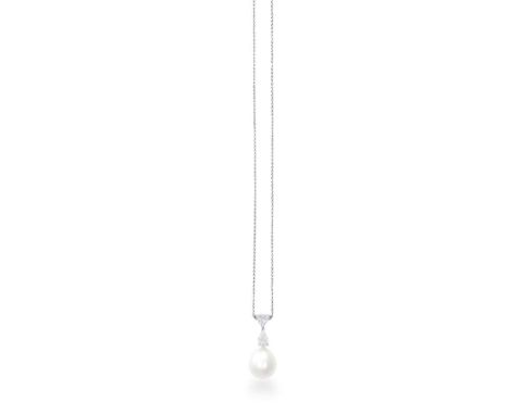 A CULTURED PEARL AND DIAMOND PENDANT ON CHAINThe drop-shaped cultured pearl of white tint, measuring approximately 10.47x12.2