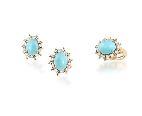 A PAIR OF TURQUOISE AND DIAMOND EARCLIPS WITH MATCHING RINGThe central oval-shaped turquoise cabochon, within a frame of roun