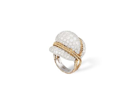 A DIAMOND DRESS RING, CIRCA 1960Of bombé design, pavé-set throughout with brilliant-cut diamonds, with ropetwist accents and 