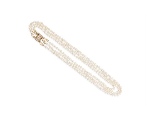 A VICTORIAN NATURAL PEARL NECKLACE WITH DIAMOND CLASPThe three rows of 3.86 - 4.40mm baroque natual pearls, finished with a g