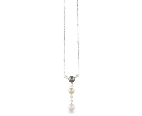A CULTURED PEARL AND DIAMOND NECKLACEDesigned as a line of grey and golden cultured pearls measuring approximately 13.84 & 12