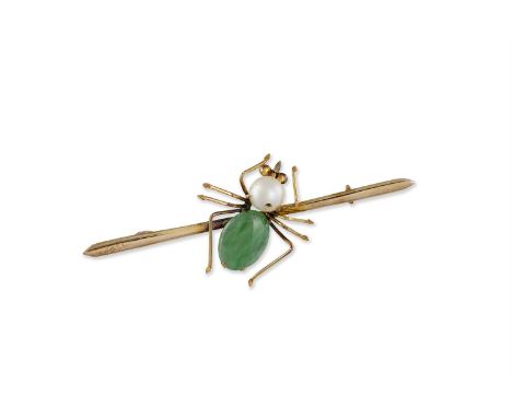 A GEM-SET AND GOLD BROOCHThe bar brooch with an applied insect to the centre, the body set with an oval jadeite cabochon and 