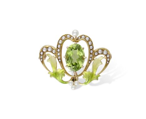 AN ART NOUVEAU PERIDOT, SEED PEARL AND ENAMEL BROOCH, CIRCA 1905Of stylised floral design, set central with an oval-shaped pe