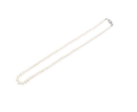 A NATURAL PEARL NECKLACE WITH DIAMOND CLASP, CIRCA 1920The single-row of graduating natural pearl, measuring 2.8 to 7.2mm, to