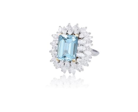 AN AQUAMARINE AND DIAMOND DRESS RING, BY BOUCHERONThe rectangular-cut aquamarine weighing approximately 5.00cts, within a tri