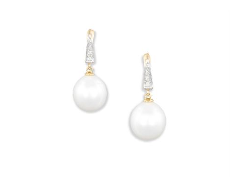 A PAIR OF CULTURED PEARL AND DIAMOND EARRINGSEach round-shaped South Sea cultured pearl of white tint, measuring approximatel