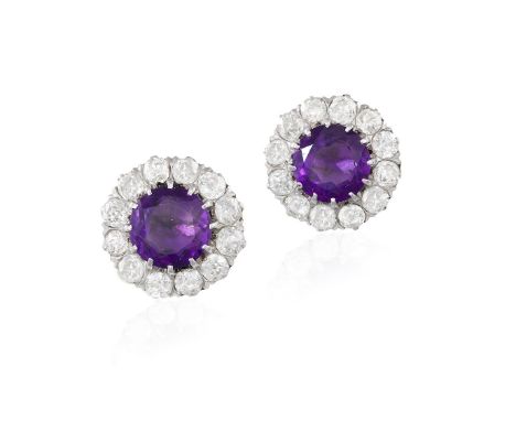 A PAIR OF AMETHYST AND DIAMOND EARRINGSEach circular-cut amethyst within a surround of old brilliant-cut diamonds, mounted in
