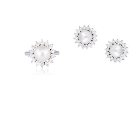 A PAIR OF CULTURED PEARL AND DIAMOND EARRINGS WITH MATCHING RINGEach round-shaped cultured pearl within a surround of round b