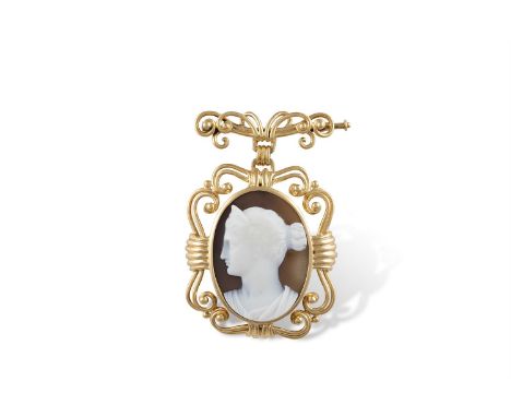 A MID 19TH CENTURY AGATE AND GOLD CAMEO BROOCH, BY GIROMETTIThe agate carved to depict the bust of goddess Artemis, within a 