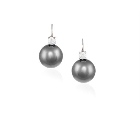 A PAIR OF CULTURED PEARL AND DIAMOND EARRINGSThe round-shaped Tahitian cultured pearls of grey tint, measuring approximately 
