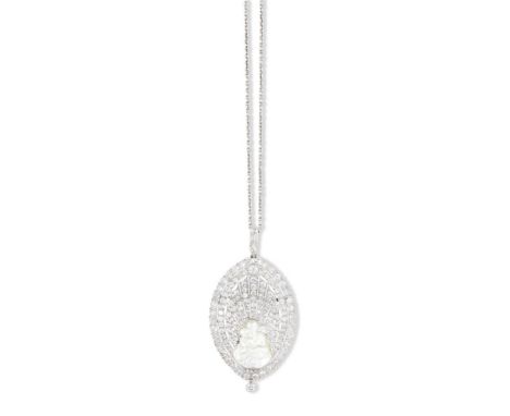 AN EARLY 20TH CENTURY MOTHER-OF-PEARL AND DIAMOND PENDANT/BROOCH ON CHAINThe carved mother-of-pearl plaque, depicting 'Saint 