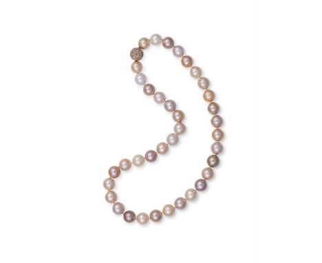 A MULTI-COLOURED CULTURED PEARL NECKLACE WITH DIAMOND CLASPThe round-shaped cultured pearls, of pink, cream and golden tints,