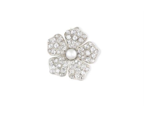 A LATE 19TH CENTURY DIAMOND AND PEARL BROOCHDesigned as a flowerhead, the centre set with a round-shaped pearl and the petals