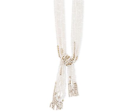A CULTURED PEARL AND DIAMOND NECKLACEThe necklace designed as a multiple rows of cultured pearls, intertwined to form a styli