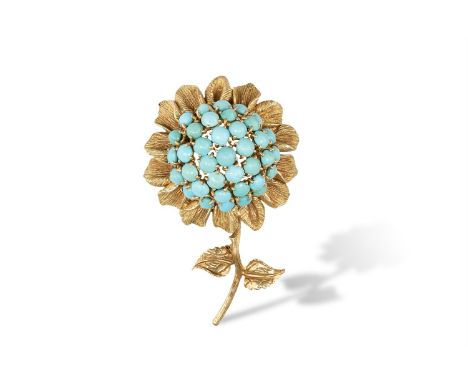 A TURQUOISE AND GOLD FLOWER BROOCH, CIRCA 1960The domed cluster of circular cabochon turquoise each within four-claw setting,