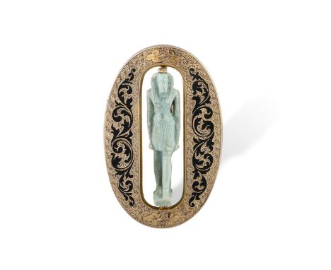 A LATE 19TH CENTURY FAIENCE, ENAMEL AND GOLD FIGURAL PENDANT/BROOCHThe central figure of a Pharoh mounted within an openwork 