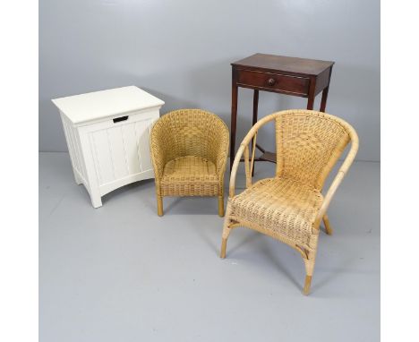 An antique mahogany two tier lamp table with single fitted drawer, two children's wicker chairs and a white painted storage b